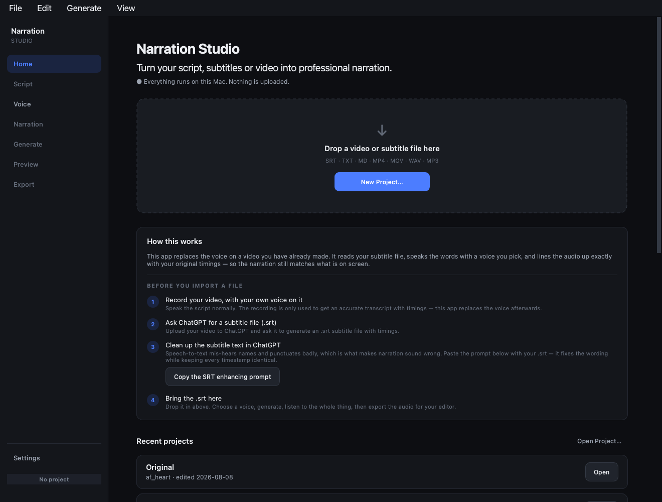 Narration Studio home screen, showing the drop area and the four steps